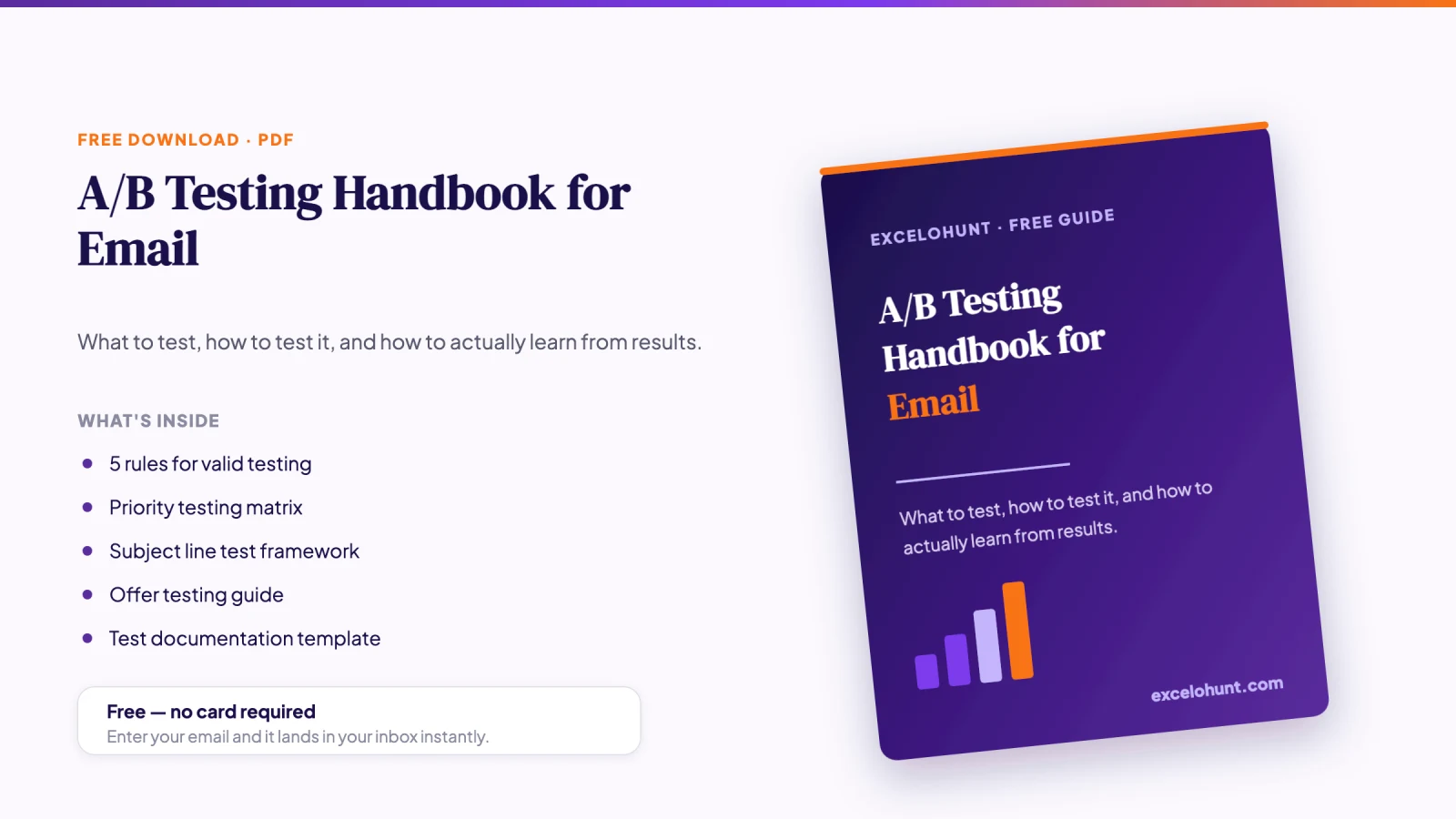Cover mockup of the free A/B Testing Handbook for Email PDF download from Excelohunt