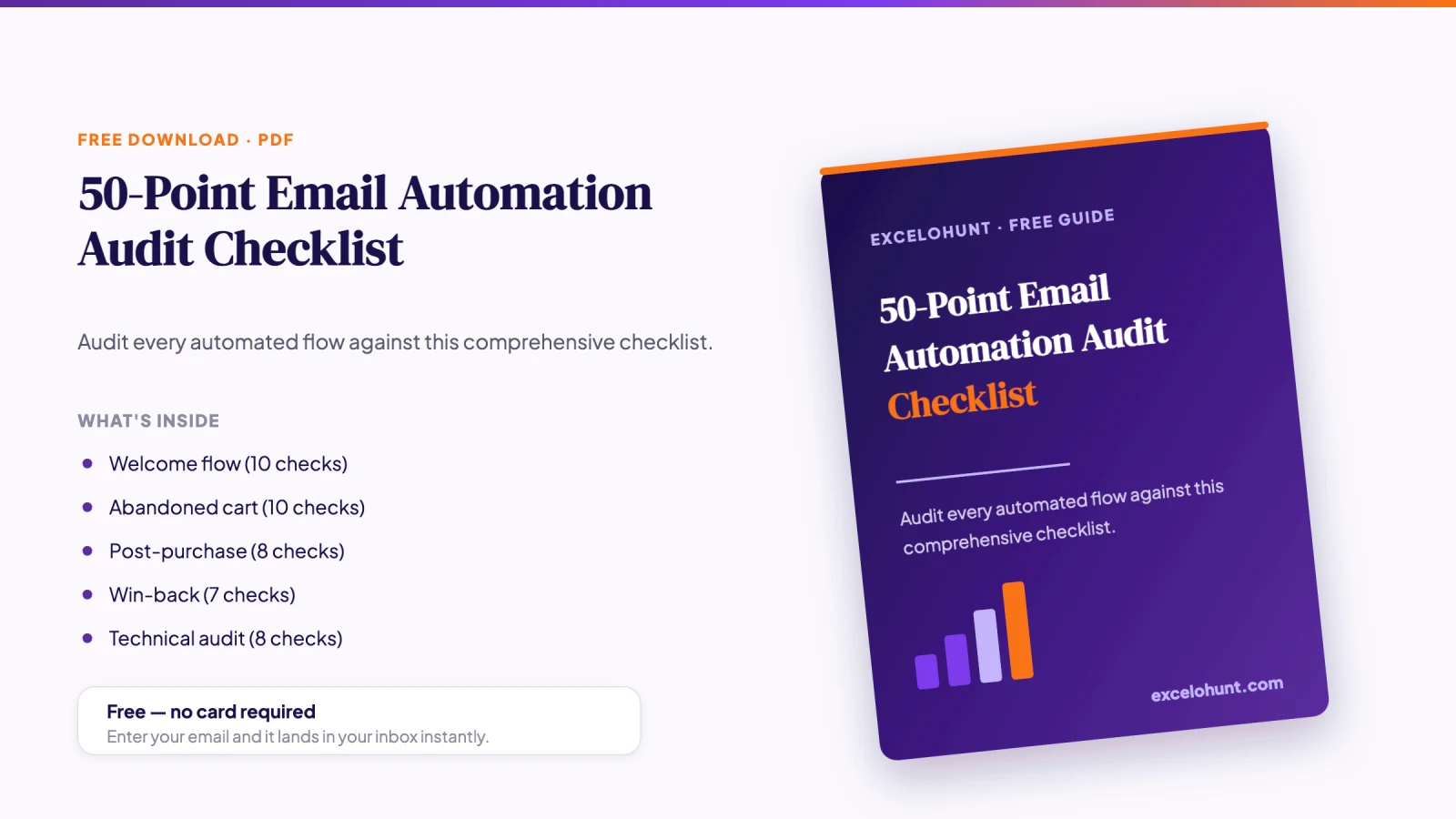 Cover mockup of the free 50-Point Email Automation Audit Checklist PDF download from Excelohunt