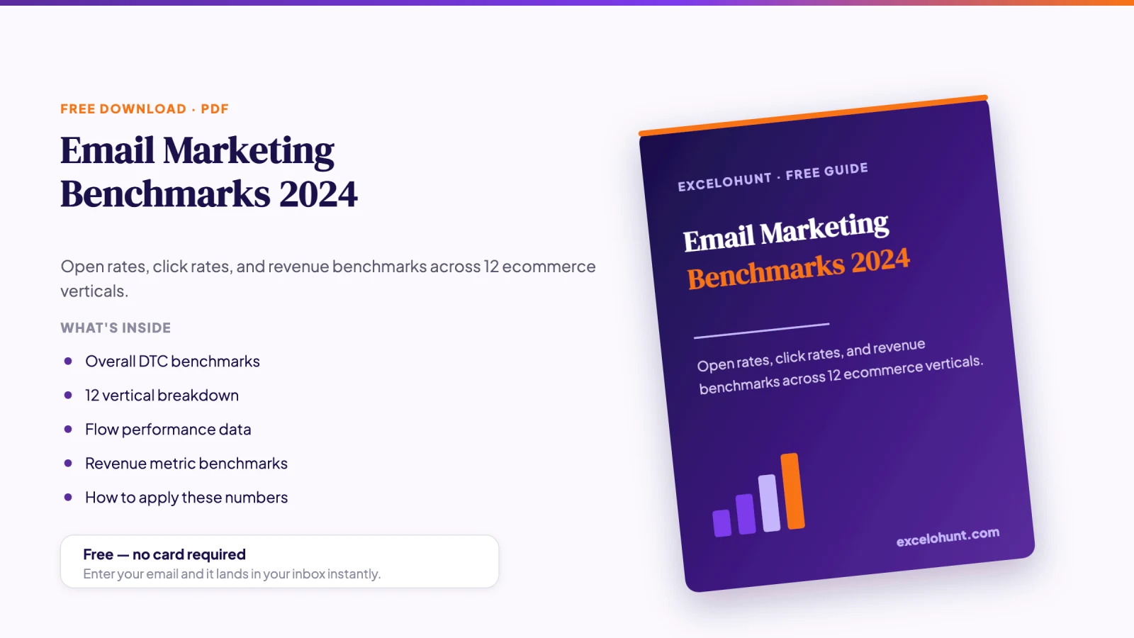 Cover mockup of the free Email Marketing Benchmarks 2024 PDF download from Excelohunt