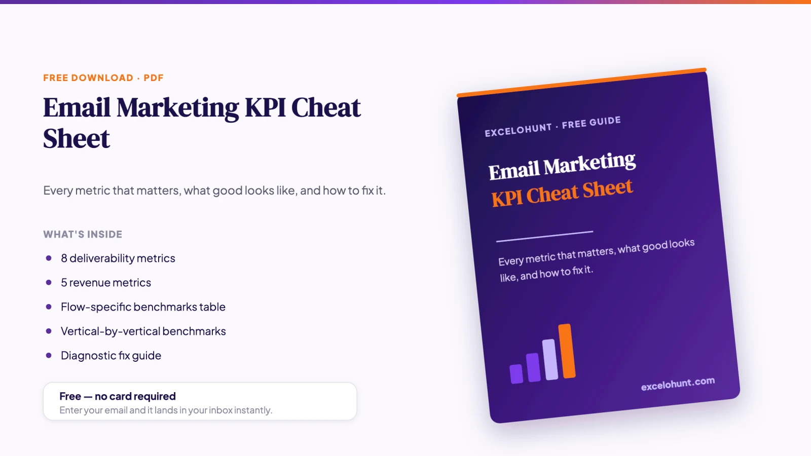 Cover mockup of the free Email Marketing KPI Cheat Sheet PDF download from Excelohunt