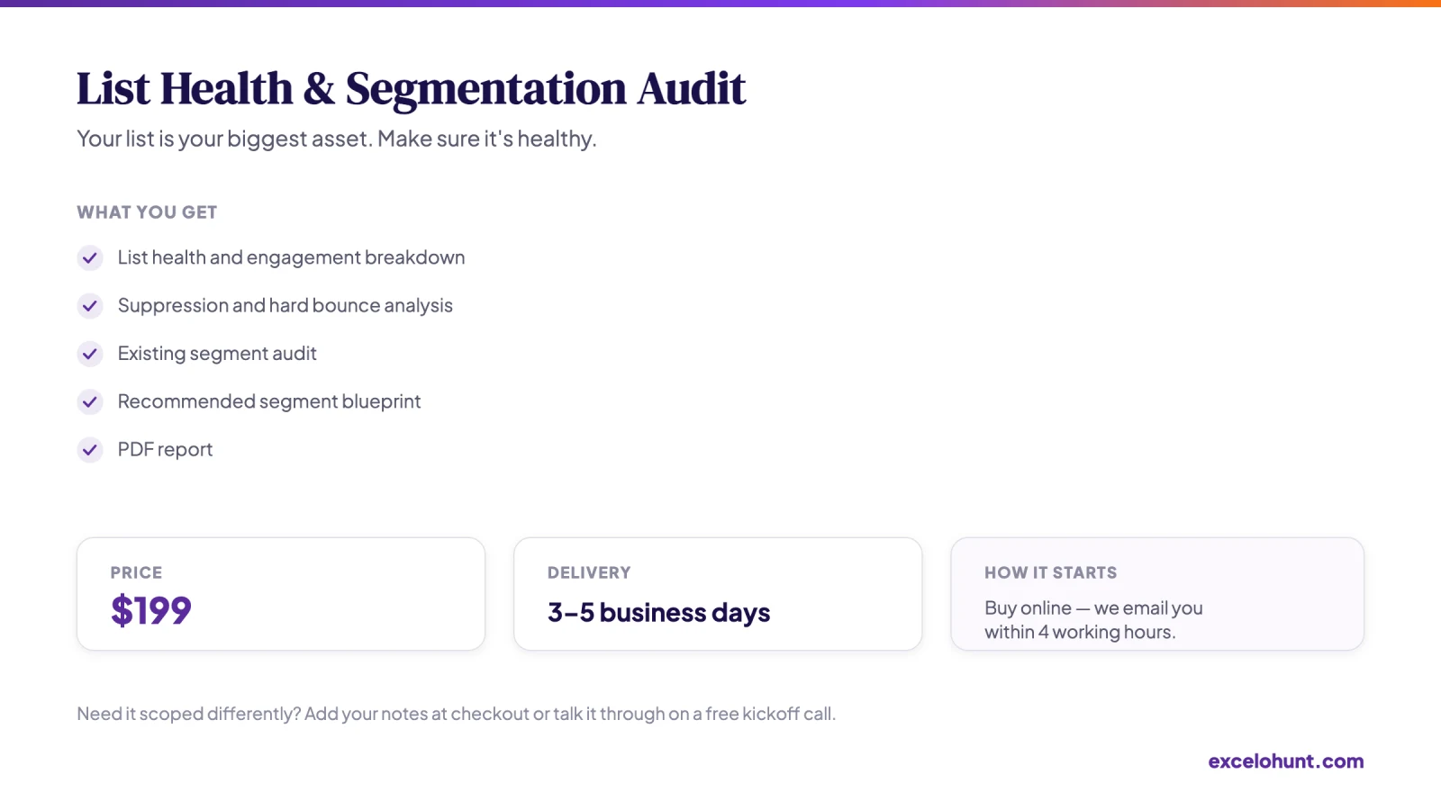 Overview of List Health & Segmentation Audit: what you get, price and delivery time