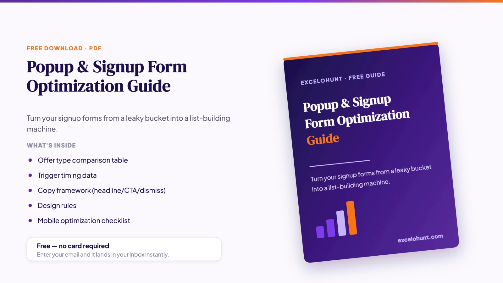 Cover mockup of the free Popup & Signup Form Optimization Guide PDF download from Excelohunt